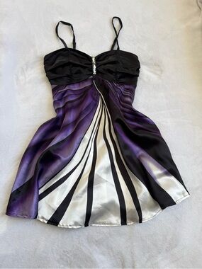 VENUS Black and Purple Spaghetti-Strap Mini Dress with Rhinestone Detail